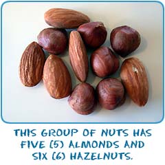This group of nuts has five almonds and five hazelnuts.